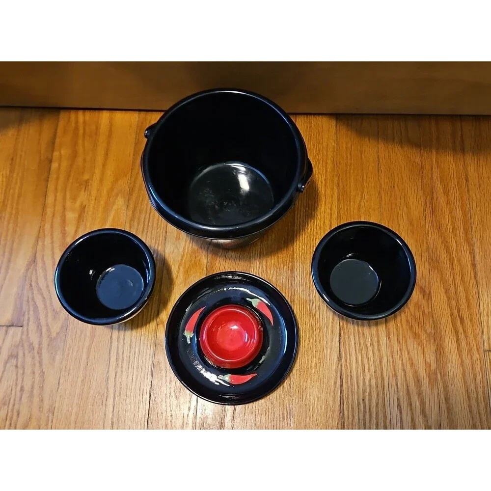 Vintage Y2k Black 4 piece Chip & Dip Serving Set Chili Pepper Design